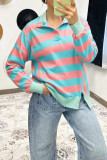 Pink Stripe Colorblock Drop Shoulder Buttoned Collar Side Slit Pullover Top