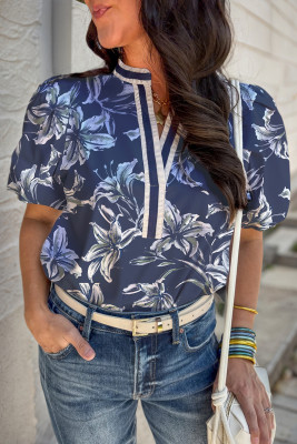Blue Floral Print Short Puff Sleeve Striped Trim V Neck Blouse