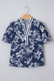 Blue Floral Print Short Puff Sleeve Striped Trim V Neck Blouse