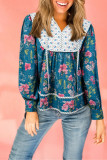 Sky Blue Floral Print Contrast Yoke Patchwork Striped Trim Long Puff Sleeve Blouse