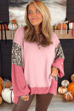 Light Pink Color Block Leopard Patchwork Dolman Sleeve High Low Baggy Sweatshirt