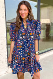 Blue Wild Daisy Floral Split Neck Short Puff Sleeve Mini Dress
