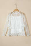 White 2pcs Sheer Floral Lace Ruffle Tiered Patchwork Blouse