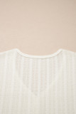 White Solid Color Textured Button V Neck Raw Seam Henley Tee