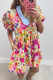 Rose Bright Floral Print Ricrac Trim Striped Patchwork V Neck Dress