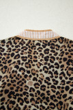 Khaki Contrast Striped Trim V Neck Leopard Shirt