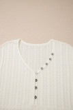 White Solid Color Textured Button V Neck Raw Seam Henley Tee