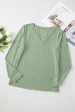 Grass Green Solid Color V Neck Long Sleeve Stretchy Top