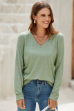 Grass Green Solid Color V Neck Long Sleeve Stretchy Top