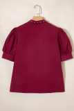 Burgundy Rivet Embellished V Neck Short Puff Sleeve Blouse