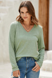 Grass Green Solid Color V Neck Long Sleeve Stretchy Top