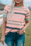 Pink Multicolor Stripes Crew Neck T Shirt