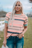 Pink Multicolor Stripes Crew Neck T Shirt