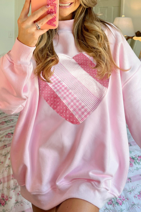 Light Pink Sweetheart Patchwork Mockneck Oversize Sweatshirt