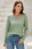 Grass Green Solid Color V Neck Long Sleeve Stretchy Top