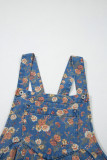 Blue Vintage Rose Printed Pleated Loose Denim Overall Jumpsuit