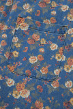 Blue Vintage Rose Printed Pleated Loose Denim Overall Jumpsuit
