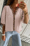 Pink Stripe Leopard Trim V Neck Button Down Half Sleeve Shirt