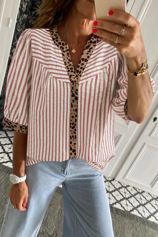 Pink Stripe Leopard Trim V Neck Button Down Half Sleeve Shirt