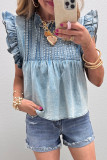 Beau Blue Ruffle Pleated Detail Vintage Washed Denim Top