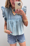 Beau Blue Ruffle Pleated Detail Vintage Washed Denim Top