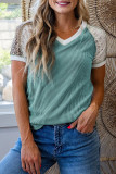 Green Bay Color Block Lace Leopard Patchwork Twisted Ribbed Tee
