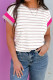 Khaki Stripe Color Block Trim Round Neck Short Sleeve Top