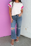 Khaki Stripe Color Block Trim Round Neck Short Sleeve Top