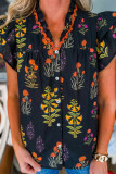 Black Floral Print Lace Trim Frilled V Neck Short Sleeve Shirt
