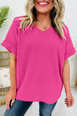 Strawberry Pink Waffle V Neck Short Sleeve Knit Top