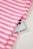 Sachet Pink Stripe Print Contrast Collar Split Neck Flutter Sleeve Short Dress