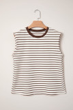 Brown Stripe Ribbed Round Neck Trim Loose Tank Top