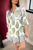 Green Floral Print Contrast Patchwork Ruffle Detail Mini Dress