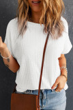 White Waffle Knit Boat Neck Short Sleeve Top