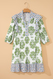 Green Floral Print Contrast Patchwork Ruffle Detail Mini Dress