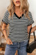 Black Striped Print V Neck Delicate Trim Casual Tee