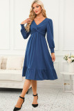 Sail Blue Solid Color Front Twist Puff Sleeve Ruffled Dress