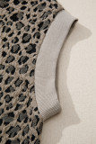 Beige Zip up Collared Leopard Cap Sleeve Top