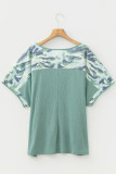 Mist Green Ribbed Camouflage Patchwork Plus Size V Neck Tee