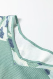 Mist Green Ribbed Camouflage Patchwork Plus Size V Neck Tee