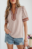 Khaki Stripe Collared Split Neck Short Bubble Sleeve Blouse