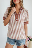 Khaki Stripe Collared Split Neck Short Bubble Sleeve Blouse
