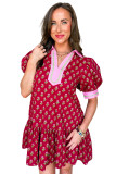 Red Floral Print Contrasted V Neck Short Bubble Sleeve Mini Dress