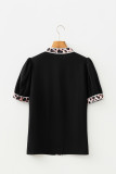 Black V Neck Short Puff Sleeve Contrast Striped Leopard Trim Button Down Shirt