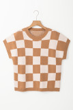 Light French Beige Colorblock Plaid Pattern Ribbed Trim Sweater Tank Top