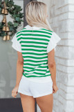 Green Stripe Collar V Neck Ruffled Short Sleeve Blouse