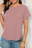 Rose Tan Solid Color Eyelet Jacquard Cuffed Short Sleeve Top