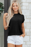 Black Solid Color Round Neck Textured Short Sleeve Sweater