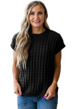 Black Solid Color Round Neck Textured Short Sleeve Sweater
