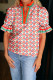 Red Floral Print Striped Detail V Neck Ruffled Short Sleeve Blouse
